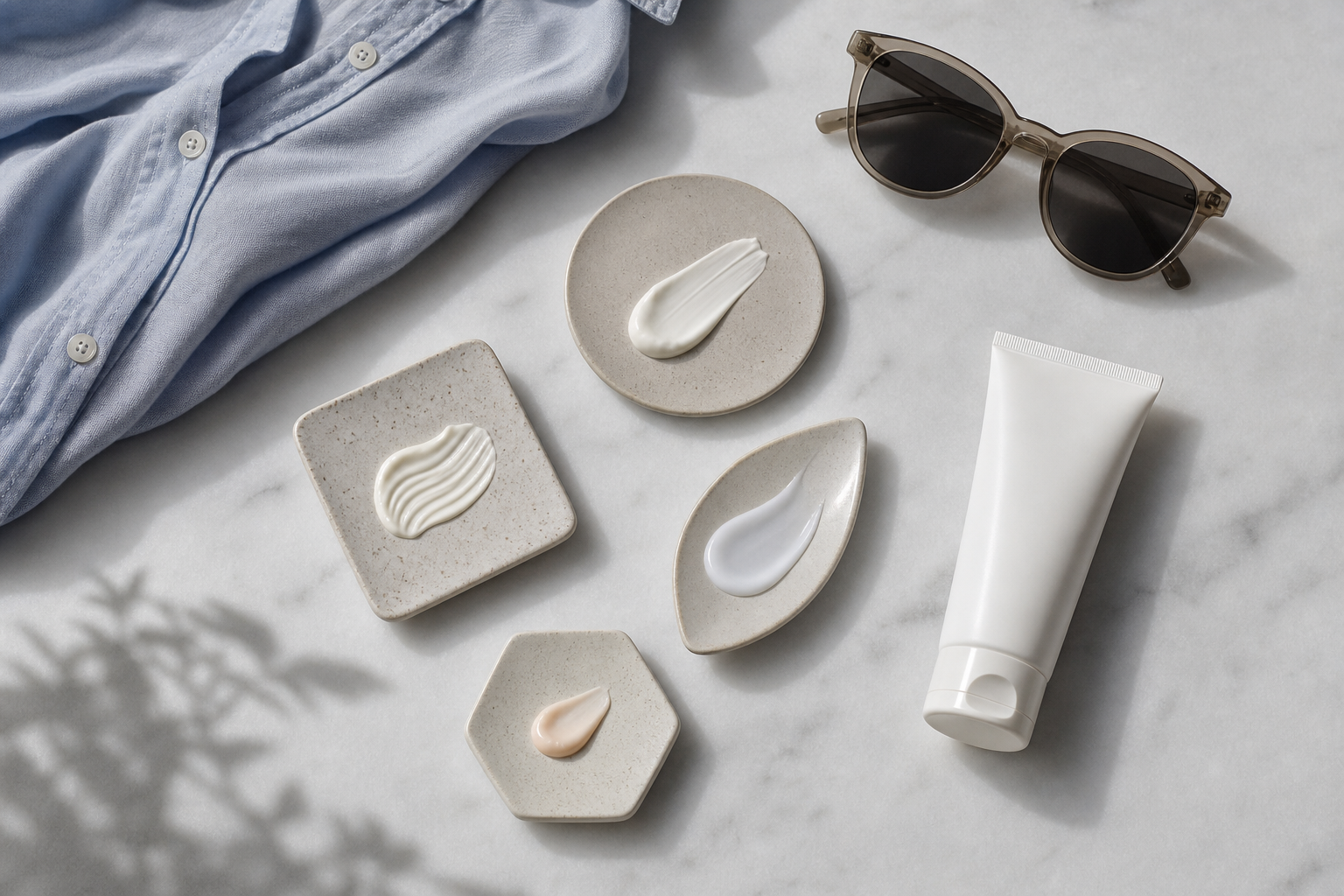 Texture di protezione solare e accessori skincare su luce nuvolosa