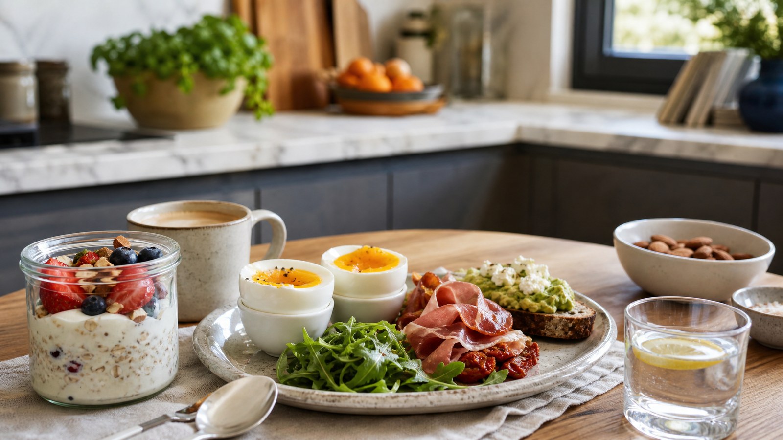 Colazione proteica semplice con yogurt, uova, frutta e cereali integrali