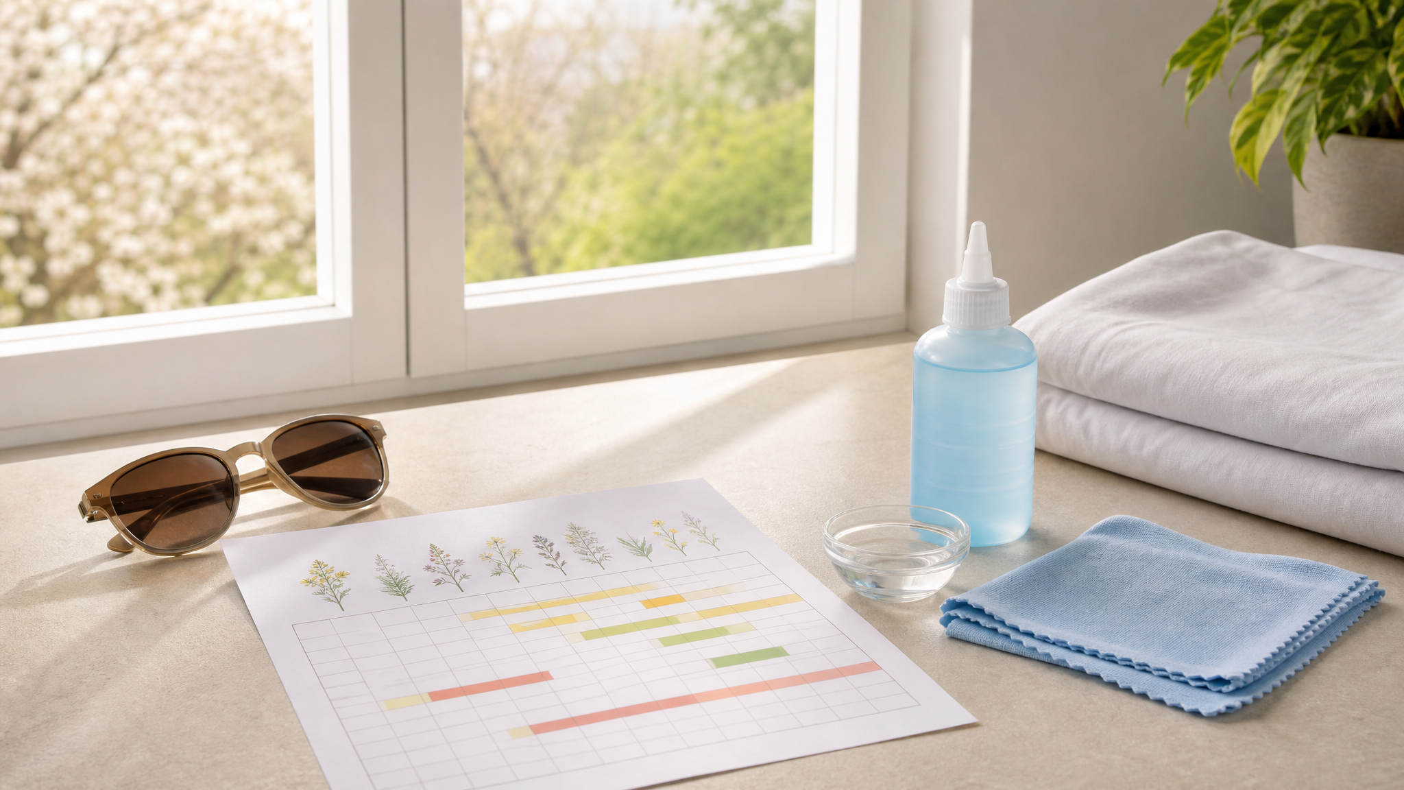 Oggetti per gestire allergie primaverili in casa: occhiali, filtri, tessuti puliti e calendario pollini